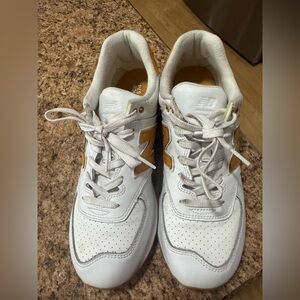 Men’s New Balance White and Golden Tan Sneakers Size 9.5
